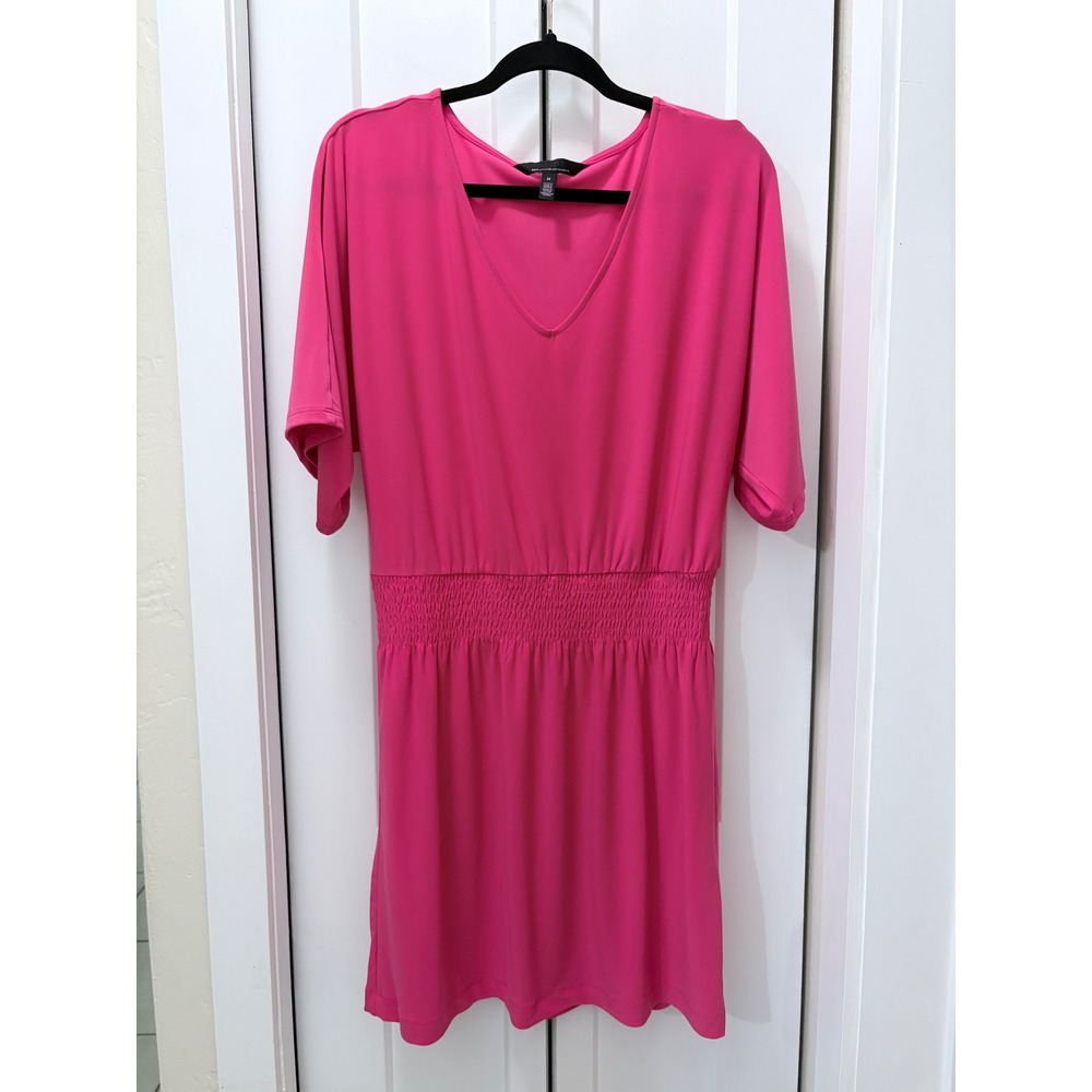 White House Black Market Pink Smocked Waist V-Neck Dress Medium Short Sleeve